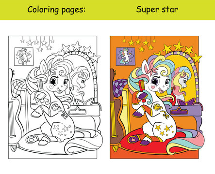 Cute little unicorn pop star coloring book vector