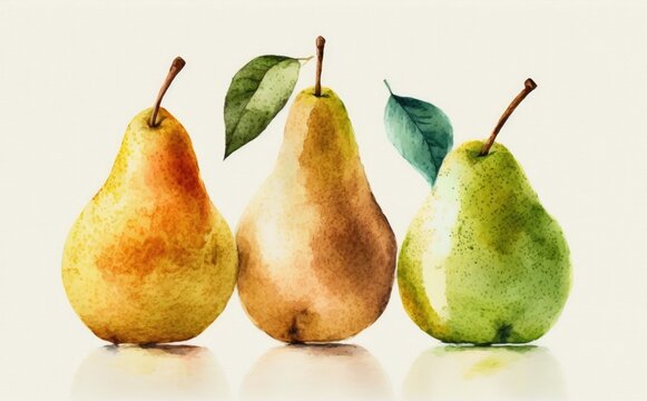 drawn pears on white background watercolor fruit organic food illustrations Generative AI