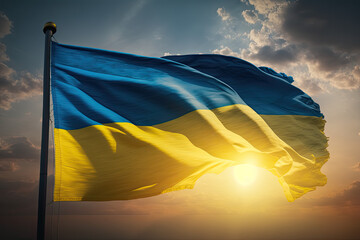Close up waving flag of Ukraine on background of sunset sky. Flag symbols of Ukraine. National day of the people's republic of Ukraine. 24th August  Generative AI.