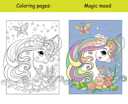 Cute beautiful unicorn head and flowers coloring book vector