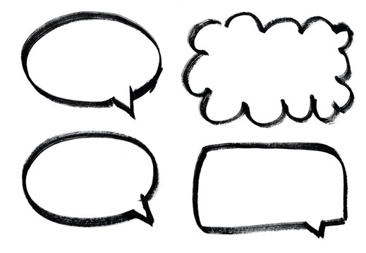 Dialog speech bubbles, thought bubble. Comics, chat, hand drawn with marker pen, blank irregular shape to fill. Layout design, conversation, conversation. Isolated white background, sketch, scribble.
