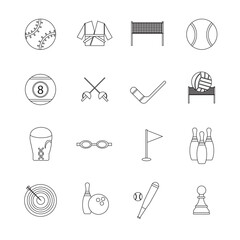 Collection of icons with different sports and healthy eating in outline design