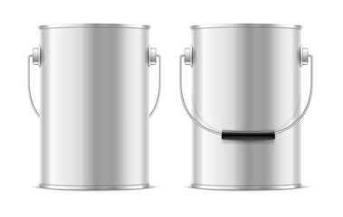 Metal bucket for paint with handle. Realistic mockup tin can. Isolated on white transparent background. Vector illustration