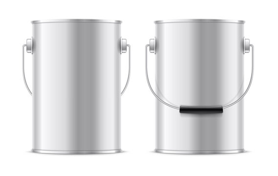 Metal Bucket For Paint With Handle. Realistic Mockup Tin Can. Isolated On White Transparent Background. Vector Illustration