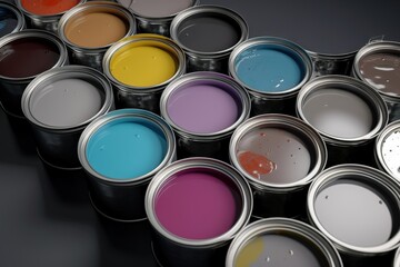  a group of paint cans with different colors of paint in them on a black surface with a black background and a black background with a white border.  generative ai
