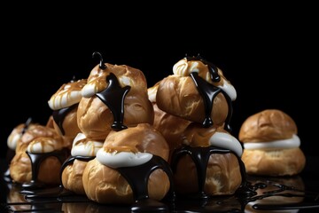  a pile of croissants covered in chocolate and marshmallows on a black surface with a black background and a black backdrop.  generative ai