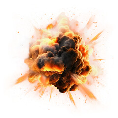 Realistic fiery explosion with sparks. Large fireball with black smoke isolated PNG cutout - obrazy, fototapety, plakaty