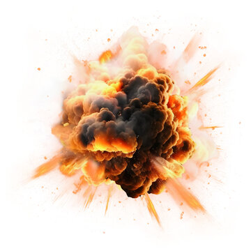 Realistic fiery explosion with sparks. Large fireball with black smoke isolated PNG cutout