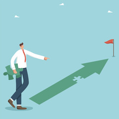 Obraz premium Logical and creative thinking to solve the set tasks, have a secret key or method to achieve the set goals, a man holds a piece of the puzzle in his hand and points to an arrow without one element.