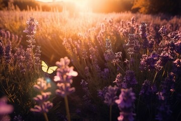 Fototapeta na wymiar a field of lavender flowers with a butterfly flying in the sky above it at sunset or sunrise or sunset, with the sun shining through the clouds. generative ai