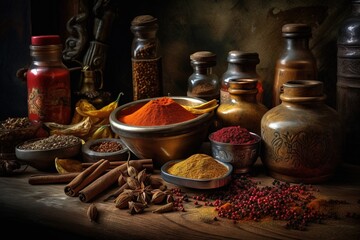  a table topped with lots of different types of spices next to jars and containers of food on top of a wooden table next to a wooden table.  generative ai