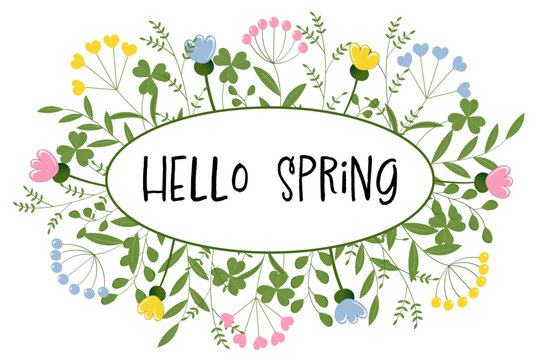 Hello Spring . Hallo Frühling. Vektorgrafik mit Kräutern und Blumen in Pastellfarben.