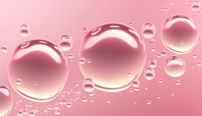 Drops of collagen or water on a pink background, cosmetic product, moisture, skin care spill puddles, top view