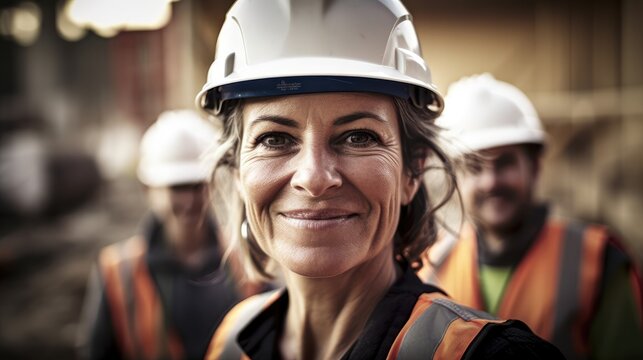 Woman Working On A Construction Site, Construction Hard Hat And Work Vest, Smiling, Middle Aged Or Older, Generative AI