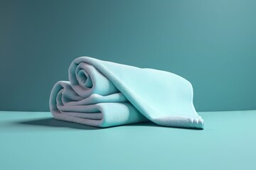 a stack of folded towels sitting on top of a blue tablecloth covered in a light blue blanket on top of a light blue table.  generative ai