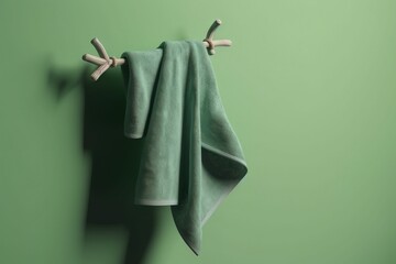  a green towel hanging on a hook on a green wall next to a toothbrush and toothpaste holder with a toothbrush in it.  generative ai