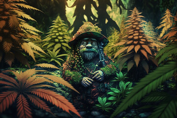 Marijuana dwarf in a magical forest with cannabis leaves. Growing weed concept. Generative AI
