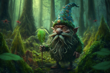 Marijuana dwarf in a magical forest with cannabis leaves. Growing weed concept. Generative AI - obrazy, fototapety, plakaty