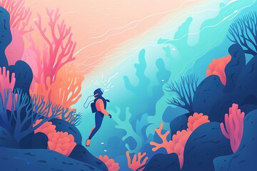 Fototapeta na wymiar colorful illustration of a scuba diver diving and exploring a colorful coral reef. generative ai