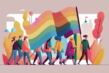 Thousands of people with Rainbow Flags and Colorful Banners to Celebrate Love, Acceptance, Diversity, inclusivity and Equality in the LGBTQ+ Community. Flat vector illustration. Generative AI.