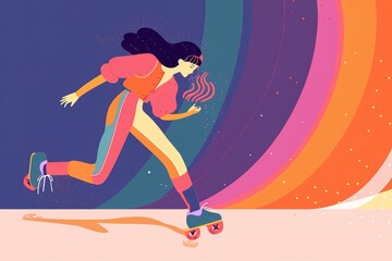 Fototapeta na wymiar a colorful minimalist illustration of a girl rollerskating, inline skating. generative ai