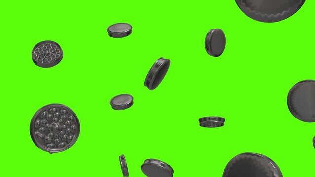 Weed Grinders Background. Falling Weed Metallic Grinders Over Green Screen Or Chroma Key. Rain Of Weed Grinders Across The Screen.