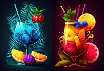 Colorful coctails in glass, summer beach or sea coast in background, created using of AI tool