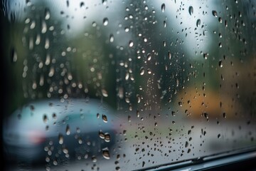  a rain covered window with a car in the background and a blurry street in the background, with cars parked on the side of the road.  generative ai