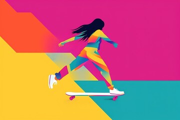 Fototapeta na wymiar a colorful minimalist illustration of a girl riding a skateboard or longboard. generative ai