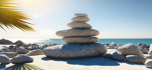 Balanced rock pyramid on pebbles beach, sunny day and clear sky at sunset. Golden sea bokeh on background. Selective focus, zen stones on sea beach, meditation, spa, harmony, calm, balance concept.