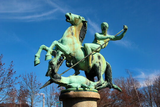 Plauen, Germany - March 16, 2023: Monument to Siegfrid who is killing dragon, honoring the memory of people who died in the WWI.