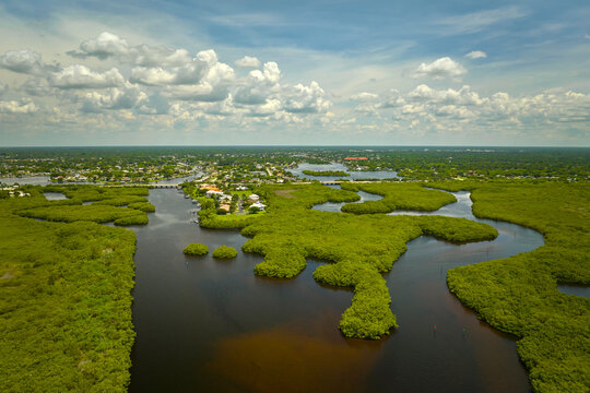 Aerial view of Florida wetlands with green vegetation between ocean water inlets and distant residential houses. Natural habitat of many tropical species