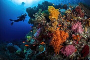 Fototapeta na wymiar a scuba diver diving and exploring a colorful coral reef. generative ai