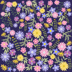 Fondo floral en tonos rosas, lilas y amarillos sobre azul.