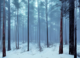 atmospheric abstract paining of a winter forest with trees shrouded in mist and snow covered ground. generative ai illustration.