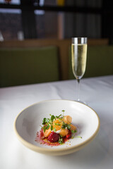 fine dining appetizer with champagne 