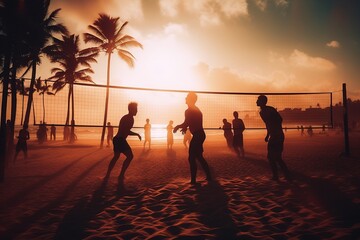 people playing volleyball on the beach with palm trees, light leaks, sun flares, silhouettes. generative ai