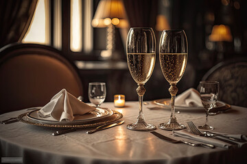 Restaurant interior with two glasses of champagne on the table. Romantic dating in luxury restaurant. Decorations for event. Created with Generative AI - obrazy, fototapety, plakaty