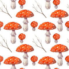 Watercolor seamless pattern of fly agaric. Hand-drawn illustration isolated on the white background. Forest theme