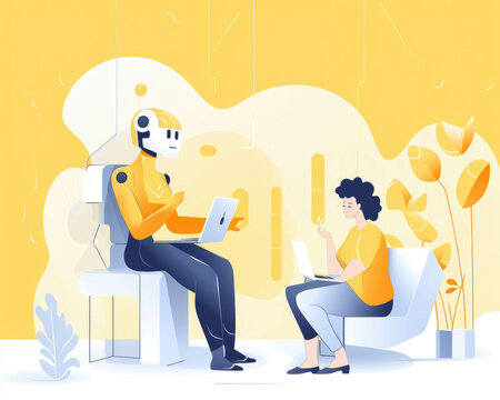 A bright yellow chatbot giving customer support to a customer while a person sits to the side typing away . AI generation.