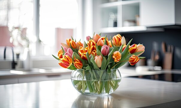 Bouquet of tulips in a bright modern kitchen, generative AI