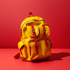 Yellow backpack on red background. Generative AI.