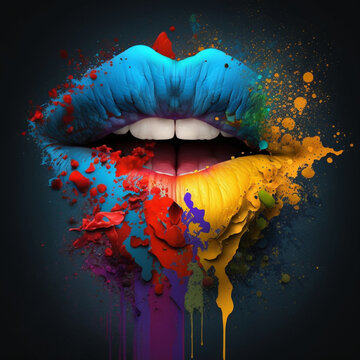 Abstract woman lips colour splash art on dark background. Created by artificial intelligence. 