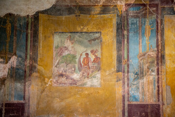 Drawing inside a house in Pompeii, a city covered in lava from Vesuvius, near Naples in Italy