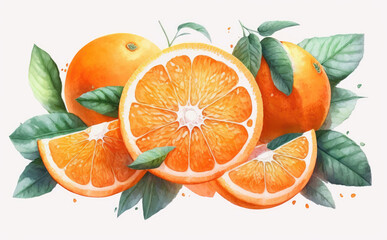 drawn oranges on white background watercolor citrus fruit organic food illustrations Generative AI