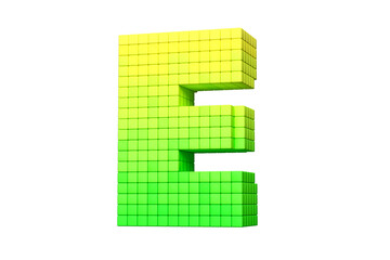 16-bit font pixel art style letter E in yellow and green. High definition 3D rendering.
