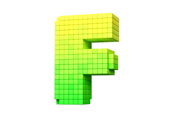Chiptune typography pixel art style letter F in yellow and green. High definition 3D rendering.