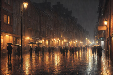 Rainy night street in a city, old architecture, houses, random people, street lighting and foggy. Generative AI.