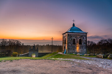 Sunrise in (Łysa Góra) Lysa Gora, Swiety Krzyz mount hilltop near Nowa Slupia village  - obrazy, fototapety, plakaty