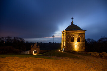 Fototapeta premium Sunrise in (Łysa Góra) Lysa Gora, Swiety Krzyz mount hilltop near Nowa Slupia village 